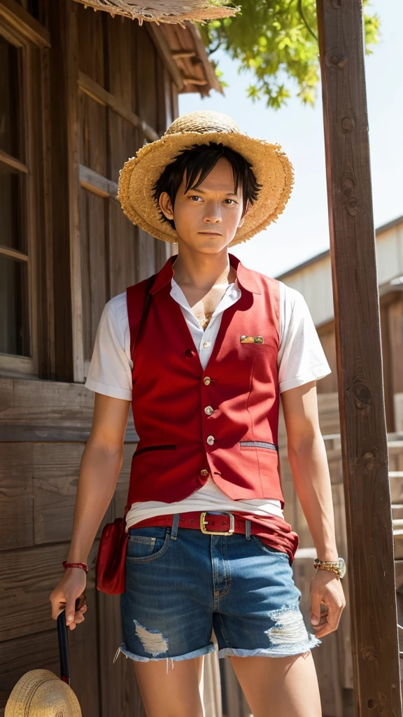 Luffy(ONE PIECE)Generate images of characters in a realistic style。Including his signature straw hat and red vest.、Please express a sense of adventure。