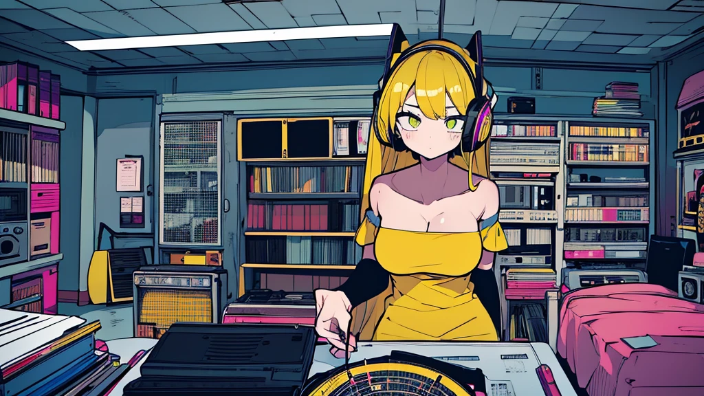 Best quality, (masterpiece), best detail face,1 girl, big breasts, 18 yo, 8k,absurdres,unity 8k wall paper,(extremely detailed:1.3), highest realistic, (retro headphones:), (soft neon light:), (psychedelic), Her room full of music equipment and records, sports wear , See the whole room, She is at the end of the room, dark yellow color palette