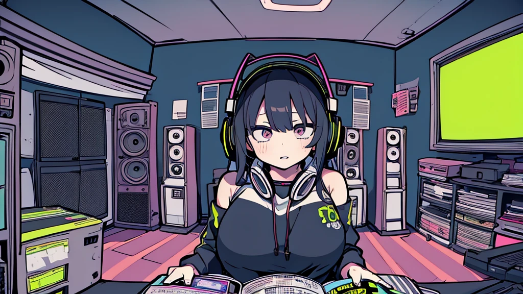 Best quality, (masterpiece), best detail face,1 girl, big breasts, 18 yo, 8k,absurdres,unity 8k wall paper,(extremely detailed:1.3), highest realistic, (retro headphones:), Her room full of music equipment and records, Light clothing, she is lazy, See the whole room, dark purple color palette
