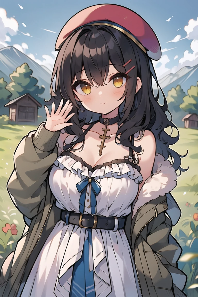 (masterpiece:1.2), (high quality:1.2), girls with((1girl, solo, black hair, yellow eyes, smiling, (wavy long hair, wearing a red beret, hairclips:1.45), blush, breasts, choker, cleavage, coat, cowboy shot, navy lace dress, camisole, ribbon waist belt, black ribbon belt, red bow, red ribbon, neck ribbon, collar, collarbone, rosary, rosary choker, cross, fur, fur trim, parka, khaki hoodie, green hoodie, khaki jacket, hood down, hooded coat, hooded jacket, hoodie, jacket, large breasts, long sleeves, medium breasts, open clothes, open coat,open hoodie, sleeveless, winter clothes, zipper, cleavage, upper body, hand up, waving, palm)), background with((architecture, blue sky, bush, castle, village, no humans, cloud, cloudy sky, day, field, garden, grass, hill, house, lamppost, landscape, mountain, mountainous horizon, nature, no humans, outdoors, scenery, shrine, sky))