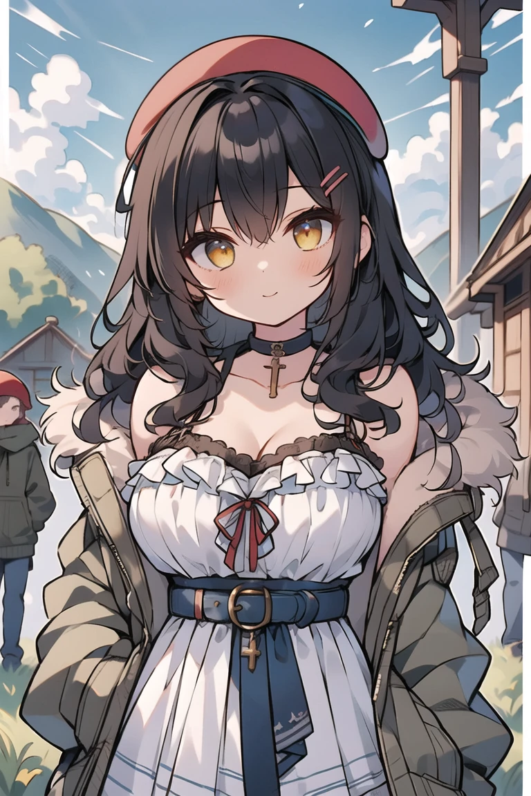 (masterpiece:1.2), (high quality:1.2), girls with((1girl, solo, black hair, yellow eyes, smiling, (wavy long hair, wearing a red beret, hairclips:1.45), blush, breasts, choker, cleavage, coat, cowboy shot, navy lace dress, camisole, ribbon waist belt, black ribbon belt, red bow, red ribbon, neck ribbon, collar, collarbone, rosary, rosary choker, cross, fur, fur trim, parka, khaki hoodie, green hoodie, khaki jacket, hood down, hooded coat, hooded jacket, hoodie, jacket, large breasts, long sleeves, medium breasts, open clothes, open coat,open hoodie, sleeveless, winter clothes, zipper, cleavage, upper body, hand up, waving, palm)), background with((architecture, blue sky, bush, castle, village, no humans, cloud, cloudy sky, day, field, garden, grass, hill, house, lamppost, landscape, mountain, mountainous horizon, nature, no humans, outdoors, scenery, shrine, sky))