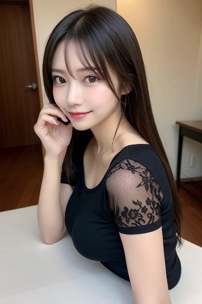 On the table、best quality、Photorealism、Finely、high resolution、8wallpaper、Perfect dynamic posture、Beautiful slender eyes and long hair、(Big plump breasts 1.3)、casual sexy pose、Random situations、Low angle selfie,Looking at the camera,(Tight round neck black mesh lace shirt)、、Gentle smile、50 years old、(Perfect Eyes 1.3)、Mature adult beauties、Japanese、