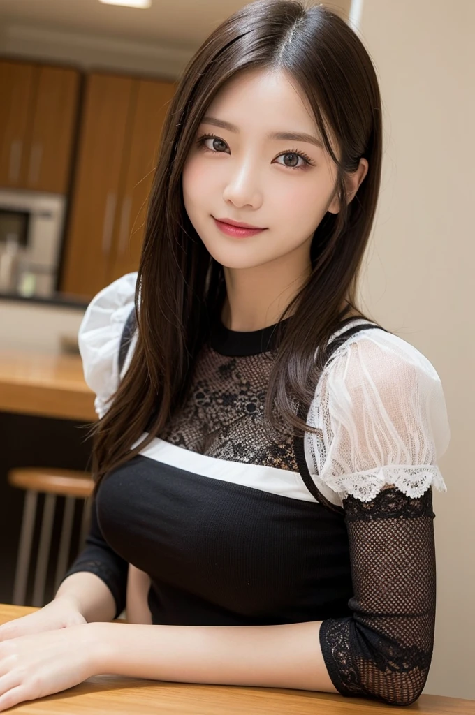 On the table、best quality、Photorealism、Finely、high resolution、８wallpaper、Perfect dynamic posture、Beautiful slender eyes and long hair、（Big plump breasts 1.3）、casual sexy pose、Random situations、Low angle selfie，Looking at the camera，（Tight round neck black mesh lace shirt）、、Gentle smile、50 years old、（Perfect Eyes 1.3）、Mature adult beauties、Japanese、