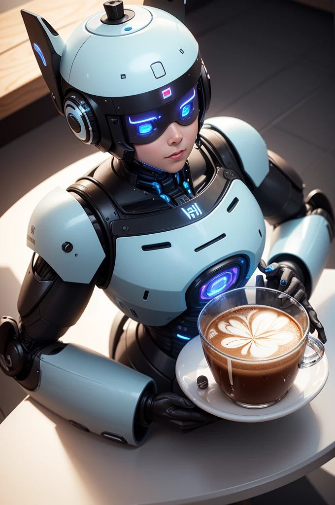 a futuristic AI-powered robot serving a user a cup of coffee, floating coffee beans.