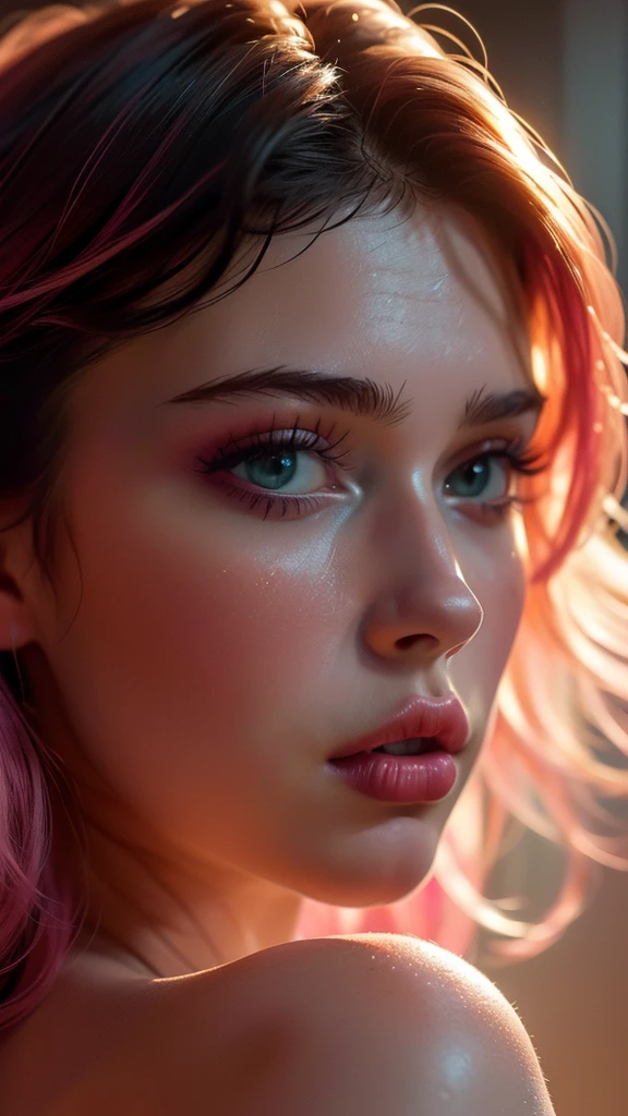 (((ultra realistic))) Photo, masterpiece, premium quality, (pale skin), (Ultra detailed face and eyes: 1.3), 1 girl, Adult, with t-shirt, ((Eye makeup, pink mascara)), ((big detailed lips)), ((straight fuchsia hair)), ((Chyolka)), (Natural breasts), Thin waist. ((Posing)), photo shoot, studio (soft lighting), (The play of light and shadows), depth of field, bokeh, (special attention to detail of the skin: 1.2), Detailed texture of the leather, pores of the skin. (Bright mood of the frame. Color range: delicate, bright, Pink tones), UDR, ((Film grain)), ((rays)), (Glare), ((Photo from behind, close-up), ultra detailed ,