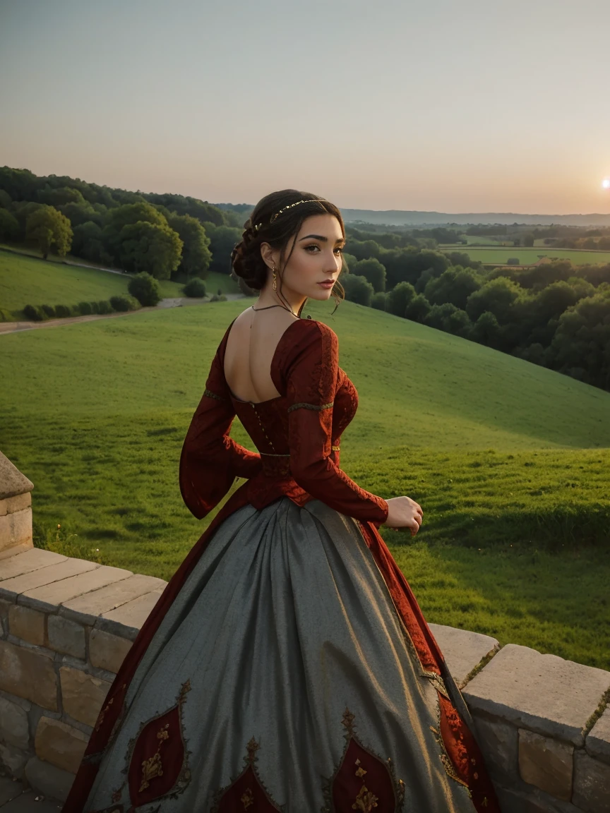 Beautiful and regal, imperious and aloof, busty athletic (thin) brunette queen with sharp facial features wearing a modest updo, dark red medieval dress, long sleeves, intricate patterns, embroidery, wide neck, crown, veil, long dress, modest dress, tight bodice, silver (waist chain), medieval jewelry, Middle Ages, castle, rampart, wall, exterior, on top of a castle wall, trees, countryside, evening, sunset.