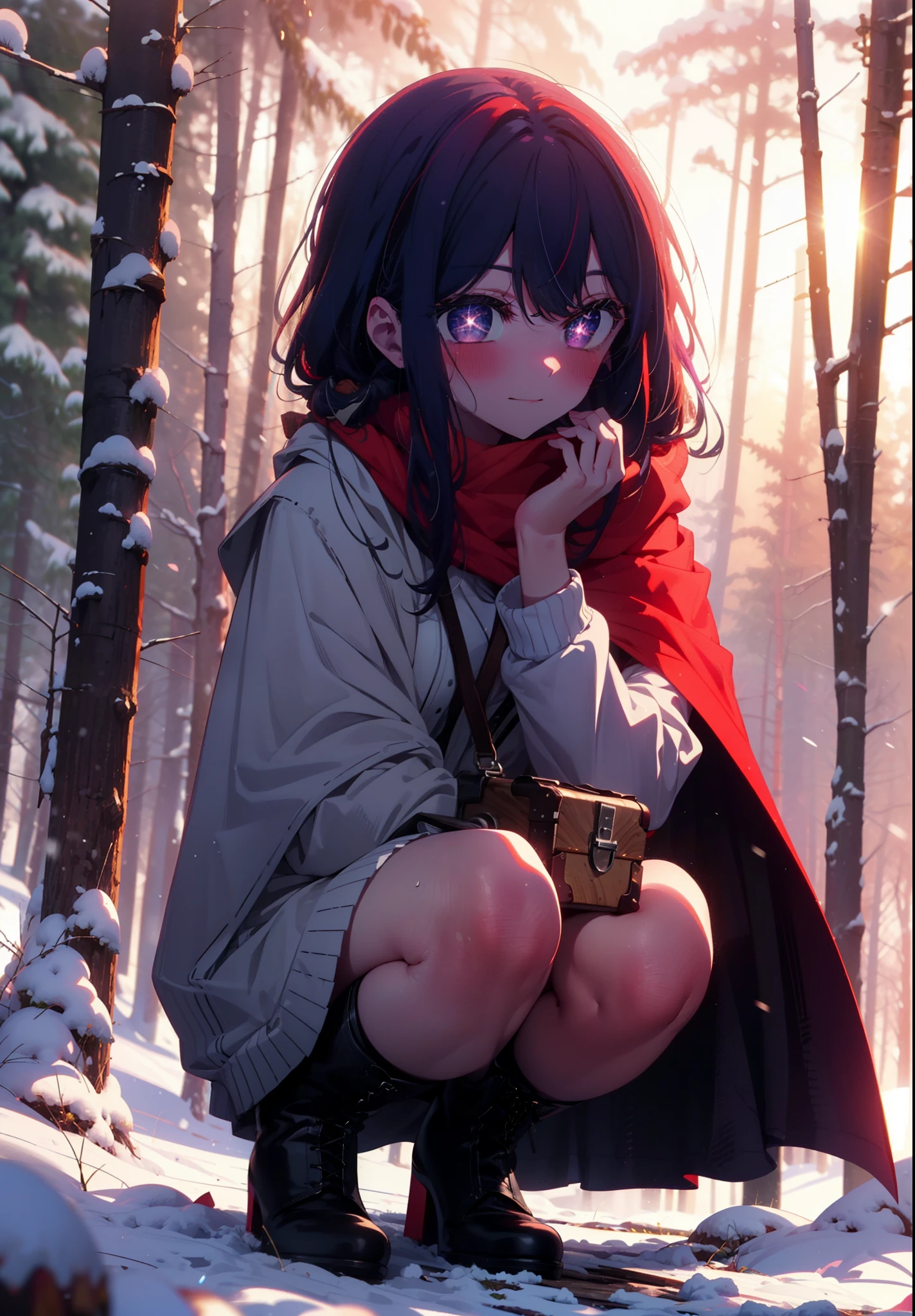 aihoshino, Ai Hoshino, Long Hair, bangs, (Purple eyes:1.1), Purple Hair, (Symbol-shaped pupil:1.5), smile,,smile,blush,White Breath,
Open your mouth,snow,Ground bonfire, Outdoor, boots, snowing, From the side, wood, suitcase, Cape, Blurred, , forest, White handbag, nature, Squat, Mouth closed, Cape, winter, Written boundary depth, Black shoes, red Cape break looking at viewer, Upper Body, whole body, break Outdoor, forest, nature, break (masterpiece:1.2), Highest quality, High resolution, unity 8k wallpaper, (shape:0.8), (Beautiful and beautiful eyes:1.6), Highly detailed face, Perfect lighting, Extremely detailed CG, (Perfect hands, Perfect Anatomy),