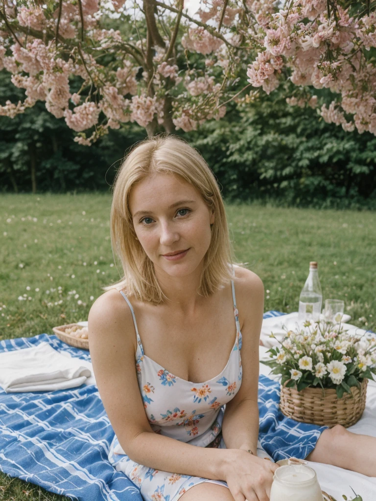 Margaux Dupont, 1girl, solo, realistic, ((short blond)), (((consistent face and image))), ((Caucasian mature)), ((Belgian woman)), ((Belgian nose)), ((Belgian lips)), ((Belgian body and skin)), ((upper body and upper legs)), blue floral Sundress, Setting: picnic dates