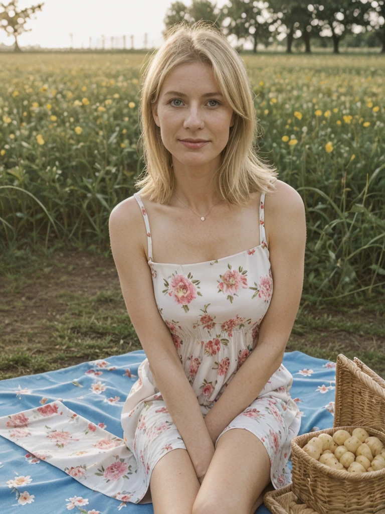 Margaux Dupont, 1girl, solo, realistic, ((short blond)), (((consistent face and image))), ((Caucasian mature)), ((Belgian woman)), ((Belgian nose)), ((Belgian lips)), ((Belgian body and skin)), ((upper body and upper legs)), blue floral Sundress, Setting: picnic dates
