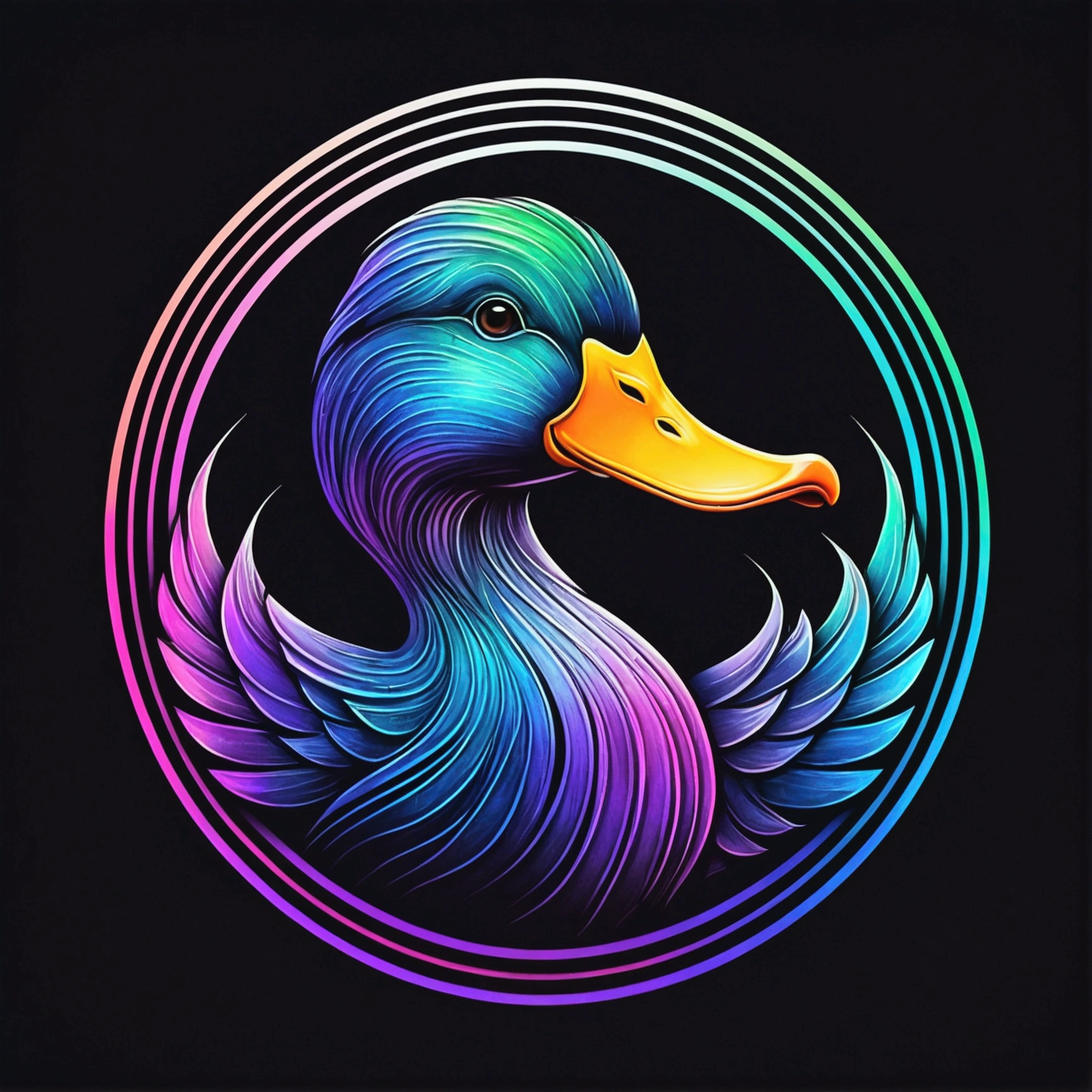 "Duck" logo; shading and gradients, Art Nouveau, vibrant colors and synthwave. Vector design, thin lines, central composition, smooth background, 1:1 air. Watercolor logo style with puff 3D printing effect. Dark colors and strong, monochromatic, yukisakura background, with original and incredible colors."