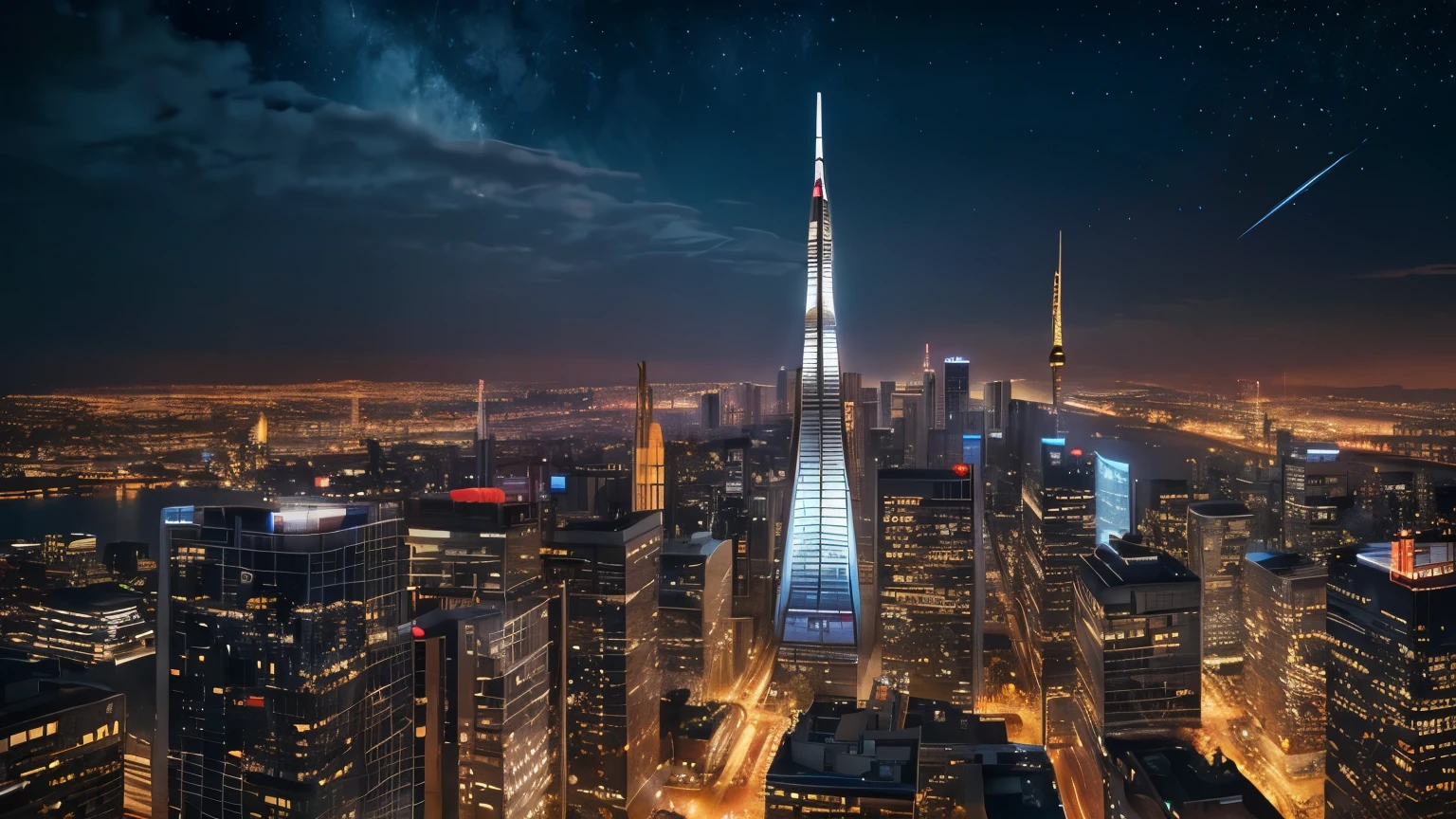 (Realistic, Photorealistic:1.4), Beautiful illustration, SF world, future city, skyscraper, starry sky