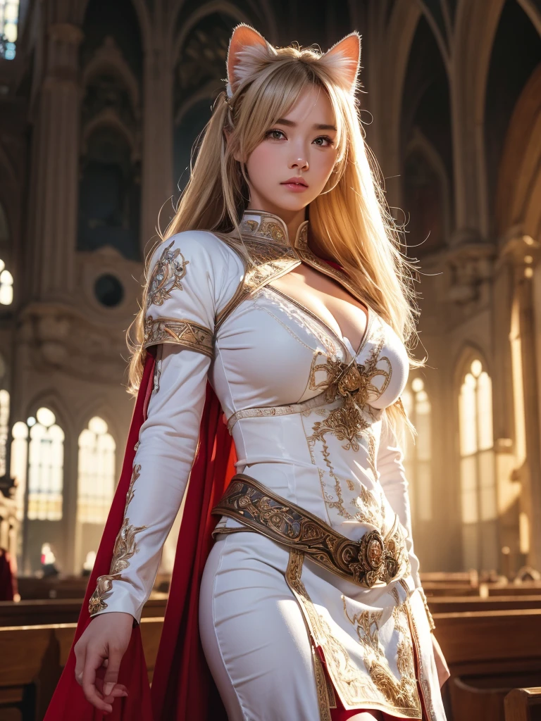 (8K, Highest quality:1.2)、masterpiece, beautiful female monk, (Attractive American Model),(( Red and white outfit))、Long sleeve、(((Cat ear)))、(( Mature Female Warrior)), ((Armor with great attention to detail)), (Strong muscular body),(Powerful arms)、 (Light blonde hair), Braiding、Disheveled Hair、((Delicate embroidery))、 High resolution, (Skin Texture:1.1), Highest quality, 超High resolution, (Realistic: 1.4), RAW Photos, Nikon D850 film stock photos, 1 1 1.6 Lenses, Rich colors, Bokeh, Sharp focus, Realistic, Cinestill 800, Backlight, Rim Light, Strong sunlight, Realistic, Realistic Shadow, 3d, (Church Background:1.2),Hair blowing in the wind、whole body、(((Ancient fantasy female warrior))),Combat Accessories,breastplate、(Sleek skirt))、Voluminous lips、(((Big Breasts)))、((Large Breasts))、Cleavage、((Perfect Face))、Big eyes、Delicate eyes、Powerful gaze、Body-fitting armor、Looking into the camera、belt、Armor with intricate patterns、superior半身、superior、Monk Armor、Delicate hands、Robe(masterpiece:1.2), (Highest quality:1.2), Perfect Eyes, Perfect Face, Volumetric lighting, One Mature Woman,(( Mature Female Warrior)),