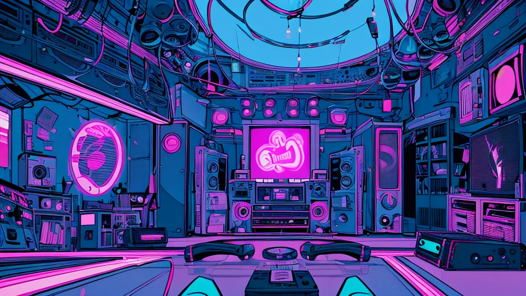 Best quality, (masterpiece), best detail face,1 girl, big breasts, 18 yo, 8k,absurdres,unity 8k wall paper,(extremely detailed:1.3), highest realistic, (retro headphones:), (soft neon light:), (psychedelic), Her room full of music equipment and records, sports wear , See the whole room , dark grey color pallet