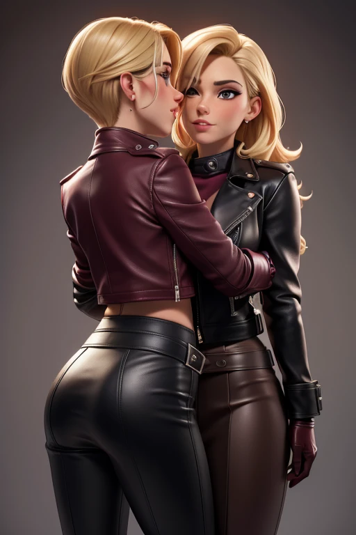 Lesbian mating, .Passionate and sexy image, black leather jacket above the waist, leather gloves on hands , The blonde is wearing a burgundy pleated leather skirt., Brunette holds and kisses blonde in leather pants from behind, 4K, top quality