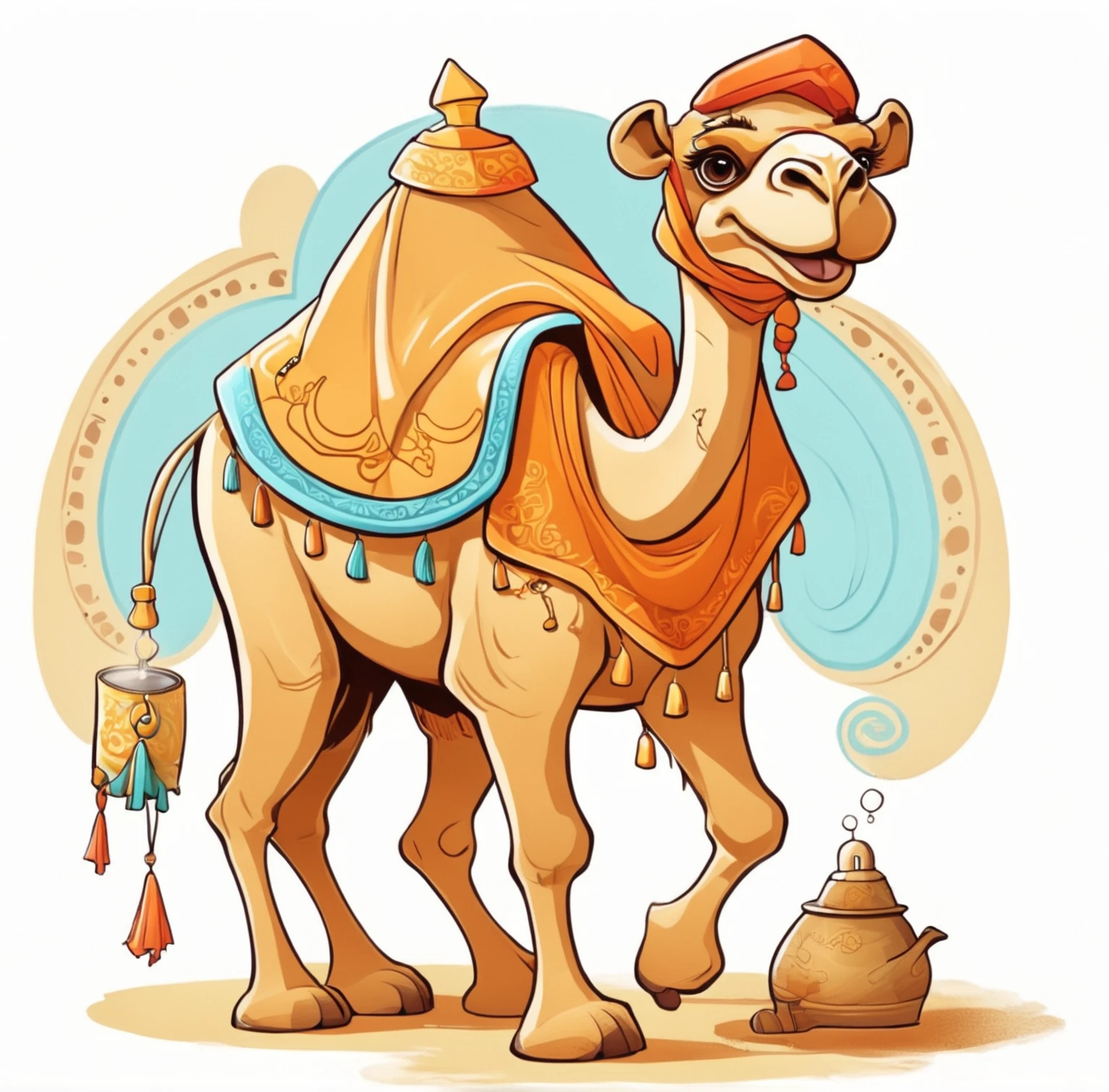 cartoon camel with a teapot and a tea pot, wretched camel, camel, full color illustration, camels, camel god, cyborg camel, arabian, full color digital illustration, illustration!, stylized digital illustration, by Amir Zand, hd illustration, colored illustration, a beautiful artwork illustration, concept illustartion, digital illustration, cartoon style illustration