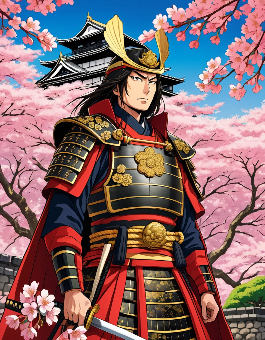 Scene: An illustration of Oda Nobunaga in front of a traditional Japanese castle, with cherry blossoms in full bloom. Nobunaga is wearing ornate samurai armor and has a charismatic expression.
Color: Vibrant colors to emphasize the historical atmosphere.
Details: Add the text, "Hello! Today, we're sharing surprising facts about one of Japan's most charismatic figures, Oda Nobunaga!"