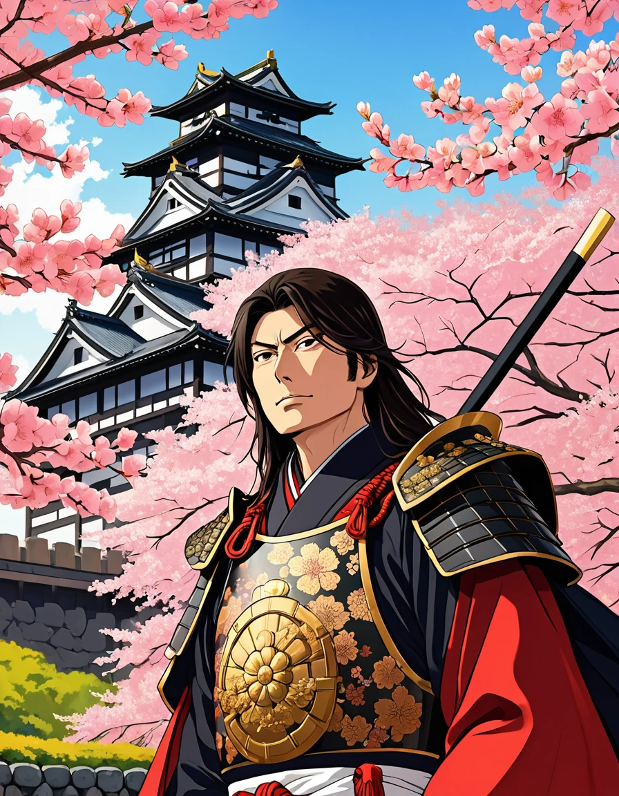 Scene: An illustration of Oda Nobunaga in front of a traditional Japanese castle, with cherry blossoms in full bloom. Nobunaga is wearing ornate samurai armor and has a charismatic expression.
Color: Vibrant colors to emphasize the historical atmosphere.
Details: Add the text, "Hello! Today, we're sharing surprising facts about one of Japan's most charismatic figures, Oda Nobunaga!"