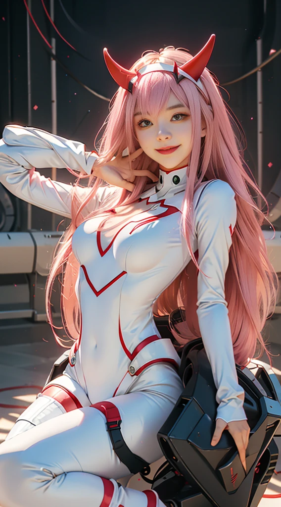 Zerotwo \(darling on franxx\), darling on franxx, 1girll, rim, self-shot, Smiling, Biting, black shadows, Green eyes, hair behind head, Horns, Long hair, Makeup, Small breasts, pilotsuit, White bodysuit, Pink hair, Red eyeshadow, Science fiction, taut skin, Solo