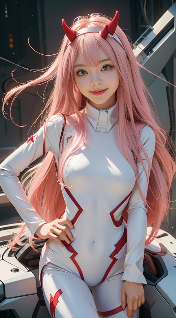 Zerotwo \(darling on franxx\), darling on franxx, 1girll, rim, self-shot, Smiling, Biting, black shadows, Green eyes, hair behind head, Horns, Long hair, Makeup, Small breasts, pilotsuit, White bodysuit, Pink hair, Red eyeshadow, Science fiction, taut skin, Solo