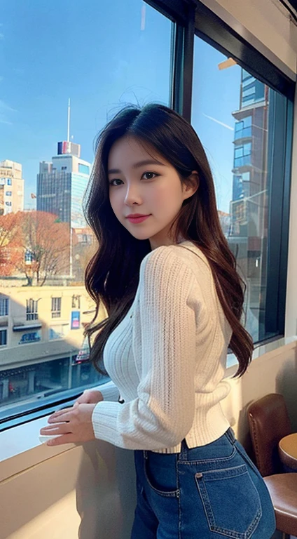 Realistically, as a masterpiece of the highest quality, the woman behind the large window in the warm sunlight pouring in from a downtown café, instagramble,ootd, side view