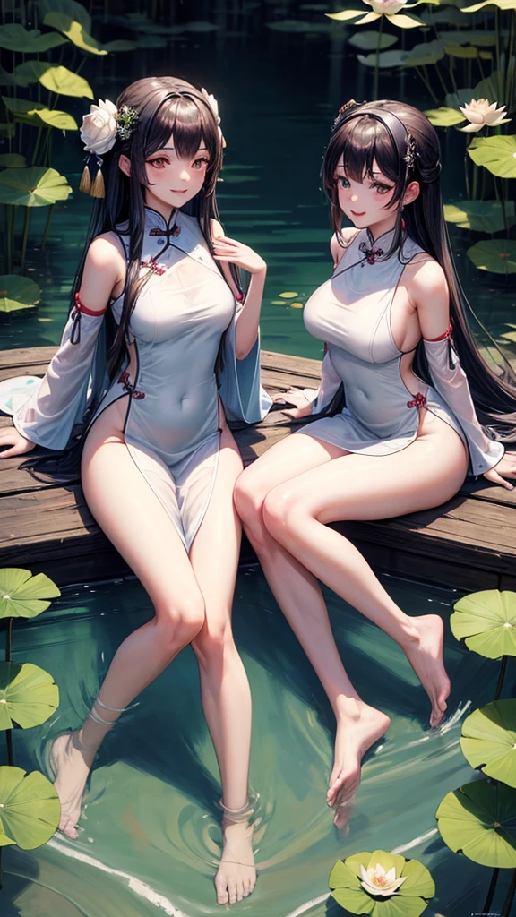 ((4k,masterpiece,best quality)), shuimobysim, traditional chinese ink painting, lotus, dress conservatively
2girl, twins,  long black hair, smile, sitting, feet in the water, barefoot,
 Three-dimensionality in the background.
Two good-looking people.
Lesbian Elements
