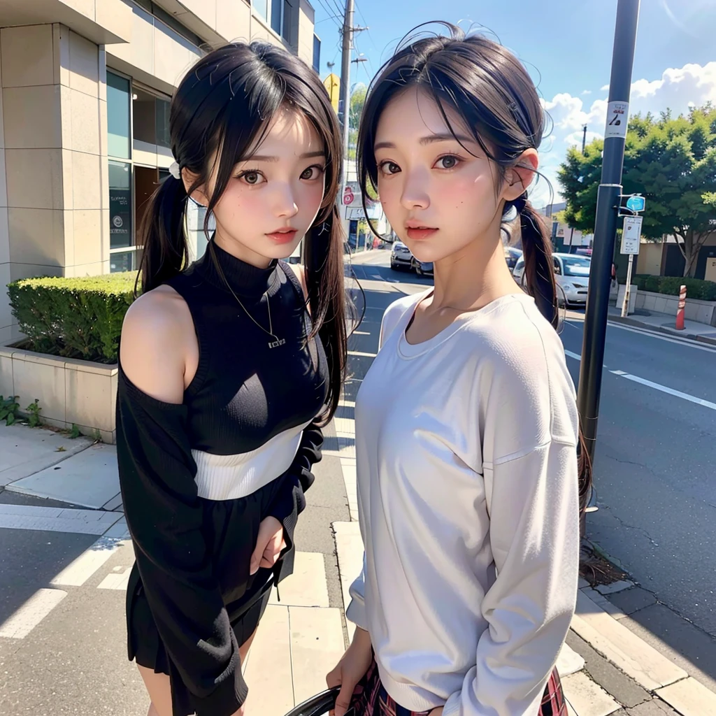 40-year-old Japanese woman、Black Hair、The hair is very short、Twin tails、High school girl cosplay、headphones、flat chest、Realistic photos、Realistic、8K quality、tall、No bangs、Street Snap、Close-up of face、Afterschool
