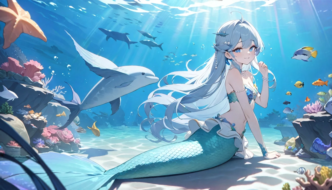 (Highest quality,4K,8K,High resolution,masterpiece:1.2),Very detailed,Teenage Girl,Fantasy Makeover,Blue eyes,Beautiful attention to detail,Spiky long hair,happiness,Cute Mermaid, Mermaid tail,shellブラ,A pair of fish gills on her torso, Starfish Hair Clip, Pearl hair ornament,  Check out the new body,Shimmering Scales,Underwater world,Colorful coral reefs,Magical underwater lighting,Vibrant colors,Breathe underwater,The endless depths of the ocean,Sunlight shining through the water,Expression of joy,Playful mermaid pose,Floating gracefully,Calm and peaceful environment,Carbonated water,Water surface reflection,Ethereal atmosphere,Subtle sparkle,Whimsical and seductive,Mythical creatures,Mysterious Marine Life,Seahorse,Dolphin,Seaweed,shell,Blissful Transformation,Fantastic sea adventure,The beauty of the ocean depths