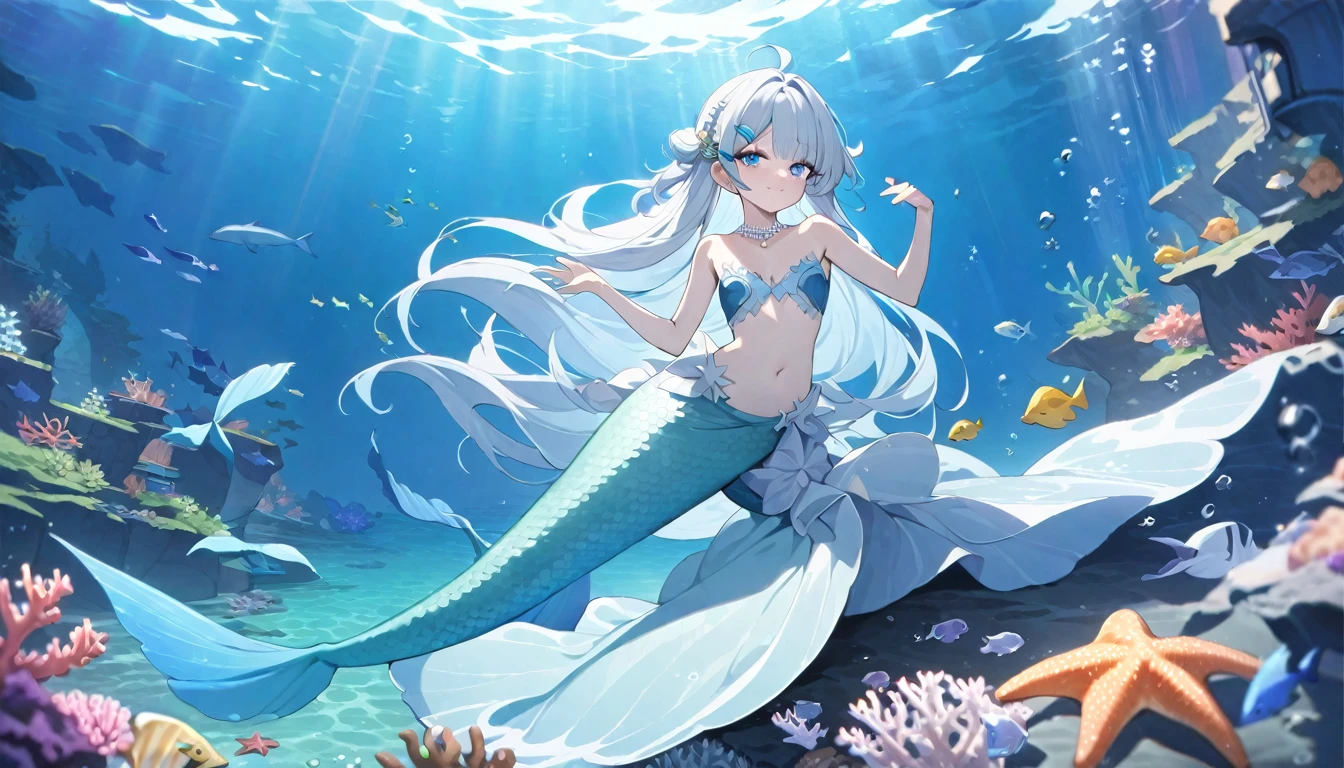 (Highest quality,4K,8K,High resolution,masterpiece:1.2),Very detailed,age Girl,Fantasy Makeover,Blue eyes,Beautiful attention to detail,Spiky long hair,happiness,Cute Mermaid, Mermaid tail,shellブラ,A pair of fish gills on her torso, Starfish Hair Clip, Pearl hair ornament, Check out the new body,Shimmering Scales,Underwater world,Colorful coral reefs,Magical underwater lighting,Vibrant colors,Breathe underwater,The endless depths of the ocean,Sunlight shining through the water,Expression of joy,Playful mermaid pose,Floating gracefully,Calm and peaceful environment,Carbonated water,Water surface reflection,Ethereal atmosphere,Subtle sparkle,Whimsical and seductive,Mythical creatures,Mysterious Marine Life,Seahorse,Dolphin,Seaweed,shell,Blissful Transformation,Fantastic sea adventure,The beauty of the ocean depths