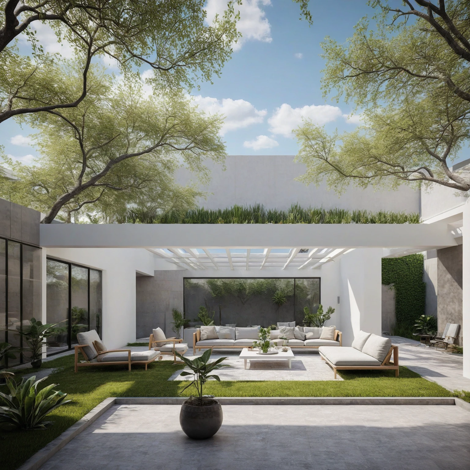 Raw photo, Masterpiece, high quality, best quality, realistic, super detailed,
(modern minimalist villas: 2)(modern style villa courtyards: 2), outdoor sofas and coffee tables, (large plants: 1.5), fences, running water walls, terrariums, sunny weather , take real photos
road, grass, trees, sky, clouds, daylight:1.1), vivid colors, (realistic:1.2),