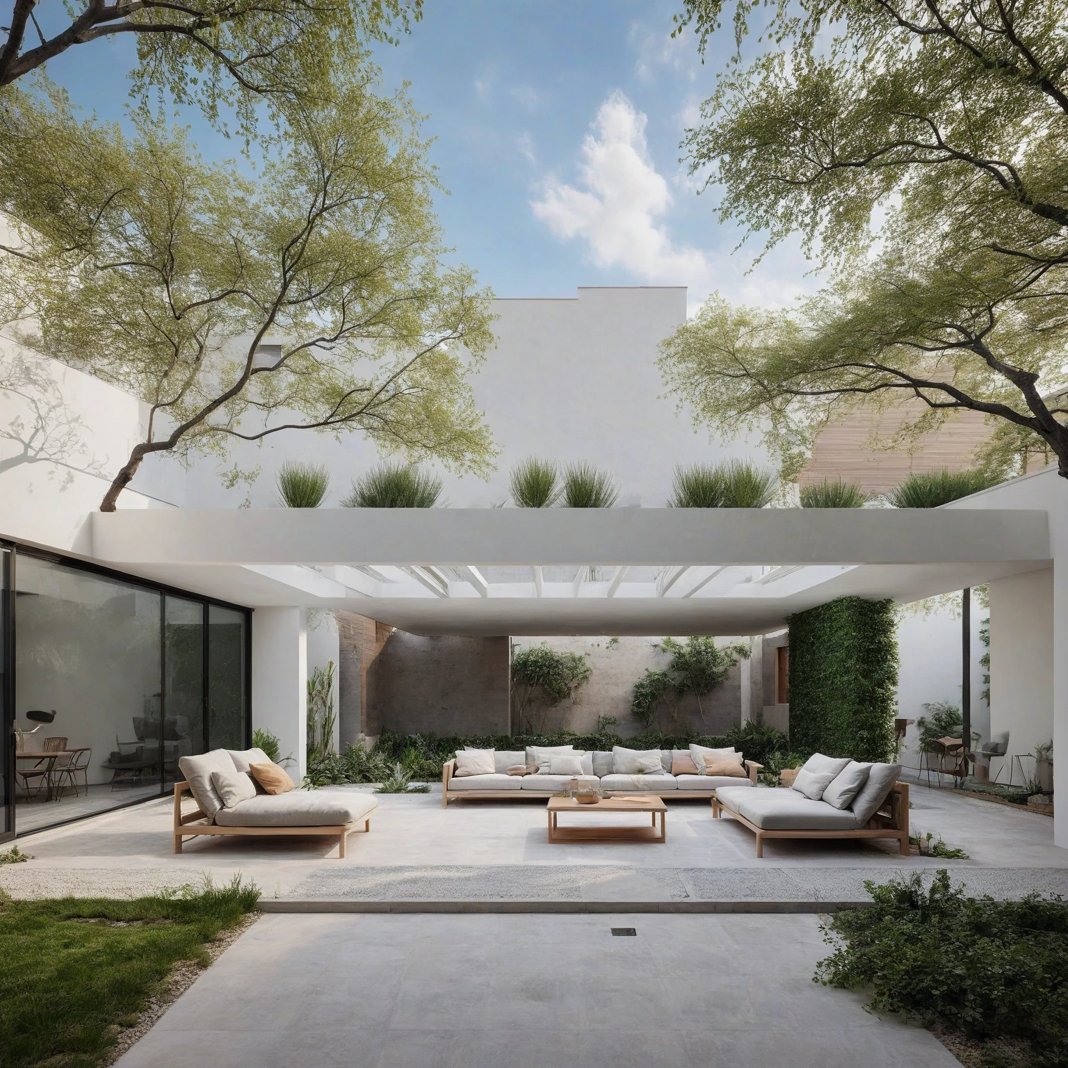 Raw photo, Masterpiece, high quality, best quality, realistic, super detailed,
(modern minimalist villas: 2)(modern style villa courtyards: 2), outdoor sofas and coffee tables, (large plants: 1.5), fences, running water walls, terrariums, sunny weather , take real photos
road, grass, trees, sky, clouds, daylight:1.1), vivid colors, (realistic:1.2),