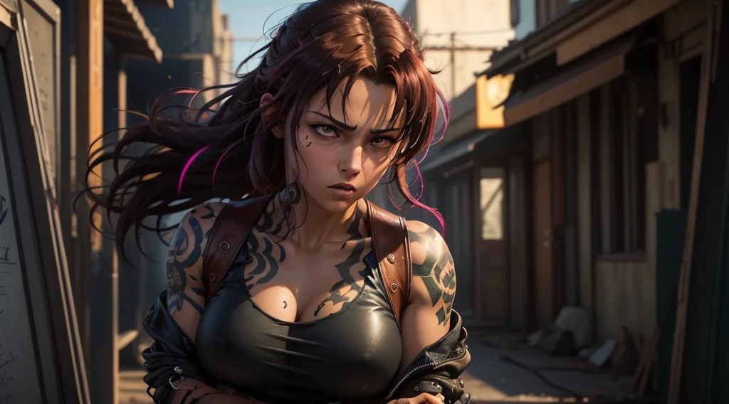 Revy from black lagoon, tattooed babe, wearing a black leather jacket, short ripped jeans, Her expression is sensual, hair loose and messy, hair blowing around, background is a bright scene, neon lights illuminating the area around her, The artwork is rendered in an edgy and realistic style, with high attention to detail and sharp focus. The colors are vivid and contrasted, with a slight desaturation to create a moody atmosphere. shadowy highlights enhancing the overall composition. The medium used is a digital illustration, with a touch of photo-realistic elements to add depth and texture to the image. The final result is a masterpiece in ultra-high resolution, showcasing the intense and raw nature of Revy's character. she's facing the front image, alone, poster shot