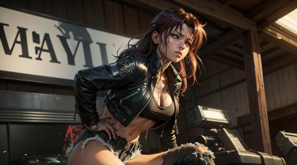 Revy from black lagoon, tattooed babe, wearing a black leather jacket, short ripped jeans, Her expression is sensual, hair loose and messy, hair blowing around, background is a bright scene, neon lights illuminating the area around her, The artwork is rendered in an edgy and realistic style, with high attention to detail and sharp focus. The colors are vivid and contrasted, with a slight desaturation to create a moody atmosphere. shadowy highlights enhancing the overall composition. The medium used is a digital illustration, with a touch of photo-realistic elements to add depth and texture to the image. The final result is a masterpiece in ultra-high resolution, showcasing the intense and raw nature of Revy's character. she's facing the front image, alone, poster shot