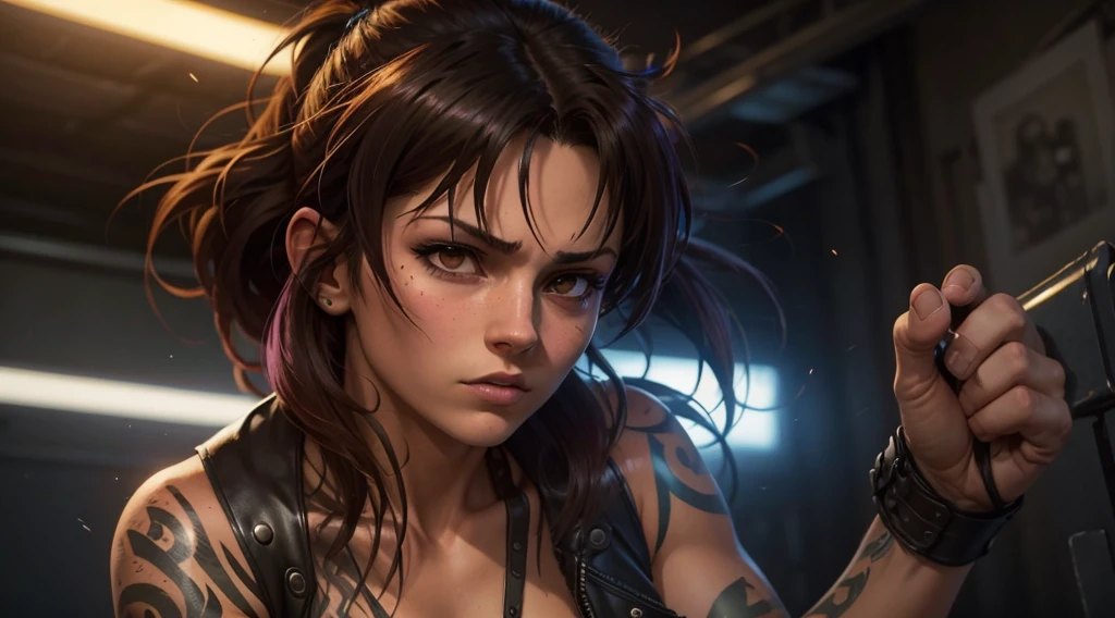 Revy from black lagoon, tattooed babe, wearing a black leather jacket, short ripped jeans, Her expression is sensual, hair loose and messy, hair blowing around, background is a bright scene, neon lights illuminating the area around her, The artwork is rendered in an edgy and realistic style, with high attention to detail and sharp focus. The colors are vivid and contrasted, with a slight desaturation to create a moody atmosphere. shadowy highlights enhancing the overall composition. The medium used is a digital illustration, with a touch of photo-realistic elements to add depth and texture to the image. The final result is a masterpiece in ultra-high resolution, showcasing the intense and raw nature of Revy's character. she's facing the front image, alone, poster shot