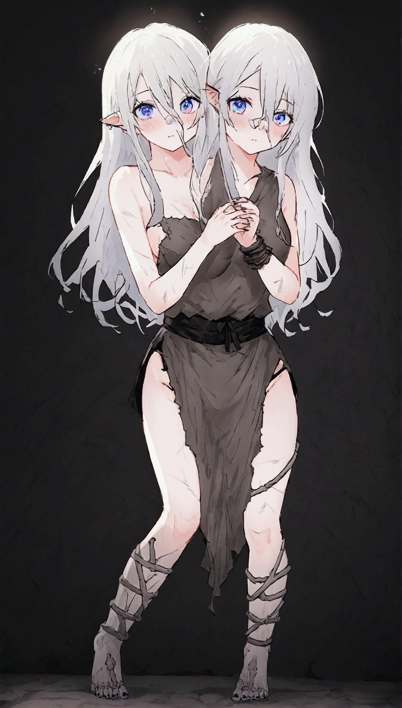 Anime. 1 girl. Two heads. Siamese twins. Slave. Dystrophic. White hair. Tangled hair. Long hair. Blue eyes. Beautiful eyes. Perfect eyes. Expressive eyes. Beautiful nose. Dystrophy. Skinny. Skin and bones. The ribs are visible through the skin. Skinny arms. Skinny legs. Medium breasts. Saggy breasts. Torn, dirty rags. Be sick. Vomits. Covering their mouths with their hands. Leaning against the wall. Standing. Slave market. Full height. Embarrassment. Blush. Whole body. Extremely detailed CG Unity 8k wallpaper. Ideal lighting. Ultra high resolution 4K. Super detailed 8K resolution.