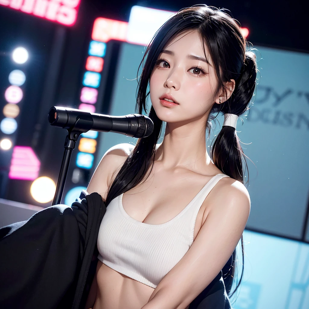 (masterpiece:1.3), High resolution, Super detailed, Highly detailed CG Unity 8k wallpaper, Realistic, photo-Realistic, RAW Photos, Beautifully detailed face, Pale skin, Realistic glistening skin, Detailed cloth texture, Detailed hair texture, Perfect body, Beautiful Face, Accurate, Anatomically correct, Highly detailed face and skin texture, Natural neck length, (Beautiful Hands), (Fair skin:1.1), (Good teeth alignment:1.1), (Sweaty skin:1.2), BREAK, Fine grain, Symmetrical eyes, Light brown eyes, double eyelid, Thin eyebrows, (Glossy Lips:1.4), ((A face waiting for a kiss:1.2)), (blush:1.1), (Sparkly little hair accessories:1.1), (Beautiful smile:1.1), (Holding a microphone:1.3), BREAK, (An elegant and cute 15-year-old junior idol:1.3), (nude, nsfw, Very erotic nipples:1.4), baby face, BREAK, small breast, Slim figure, Toned Abs, ((Half Up, Black Hair, bangs:1.2)), (Cowboy Shot:1.2), (View your viewers), Cowboy Shot, From above, BREAK, (Singing on stage:1.3),Harajuku、20 years girl、Cute、Sexy shot looking at camera