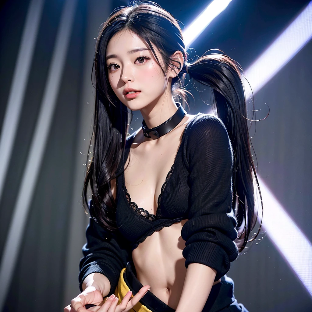 40-year-old Japanese woman、Black Hair、The hair is very short、Twin tails、High school girl cosplay、headphones、flat chest、Realistic photos、Realistic、8K quality、tall、No bangs、Live Performance Venues、Singing on a microphone、Close-up of face、Afterschool