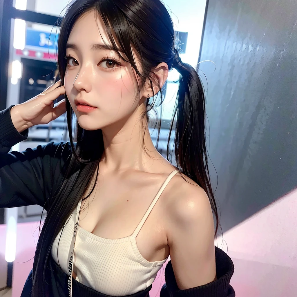 40-year-old Japanese woman、Black Hair、The hair is very short、Twin tails、High school girl cosplay、headphones、flat chest、Realistic photos、Realistic、8K quality、tall、No bangs、Live Performance Venues、Singing on a microphone、Close-up of face、Afterschool