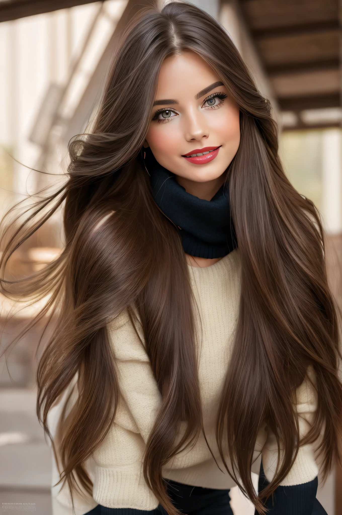 professional photograpy, best qualityer, 8K, hyper detailled, whole body, A close-up portrait of a beautiful, enchanting, seducer, gracious, majestic, chic, fashionable, Argentinian woman with super long flowing brown hair. loose hair, silky hair, shiny hair, ethereal Argentine beauty, Argentine exotic beauty, timeless argentine beauty, Dreaming about Argentine beauty. She has the cutest face, radiant countenance, light porcelain skin, Soft makeup, red lipgloss stick, She's wearing a black leather jacket, sweater, tissue, Skinny pants, and boots. Ela está glad, glad, happy, happy, rosto angelical, Angelic beauty. caring woman, tenderness and delicacy in person.