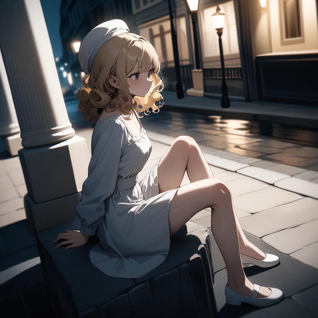 masterpiece,best Quality,ultra detailed,(Film grain:1.5), (film frame), (black and white illustration:1.2), 1woman,cool,curly hair,modern girl, blond hair,white round hat, long white dress, white pumps, sitting on stone edge of fountain, one leg raised, European street scene, building, street lamp,cinematic angle,cinematic lighting,