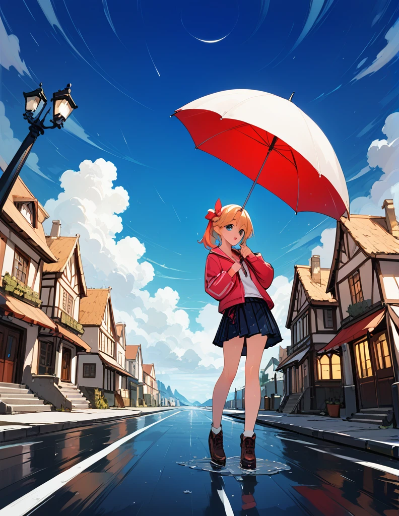 A soft touch to painting、超High resolution, Attention to detail, high quality, High resolution, 最high quality, 4K, 8K,Road after the rain、sunset、Holding an umbrella、Puddle and girl、whole body、In town