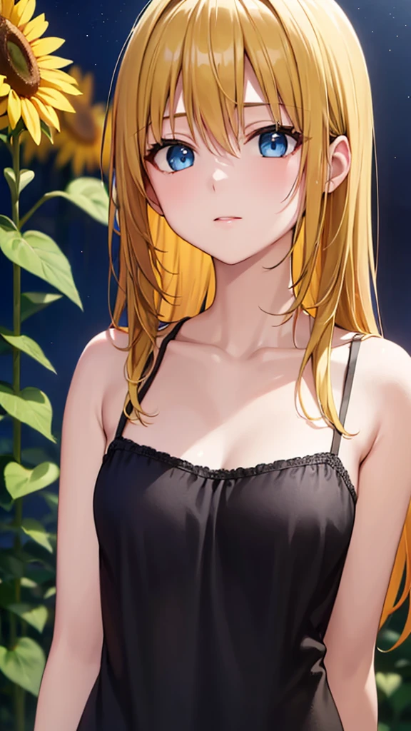 (masterpiece:1.3), (best quality:1.1), (8k, ultra detailed, ultra high res:1.2), ((anime style)), perfect 5 fingers, perfect anatomy, behind arms back, 
1girl,
BREAK long hair, wavy hair, 
(blonde hair), (blue eyes), BREAK medium breasts, (camisole, Sequins:1.4), white camisole,   
(gazing skyward, upper body:1.5), BREAK outdoor, Starry night sky, sunflower field, galaxy, 