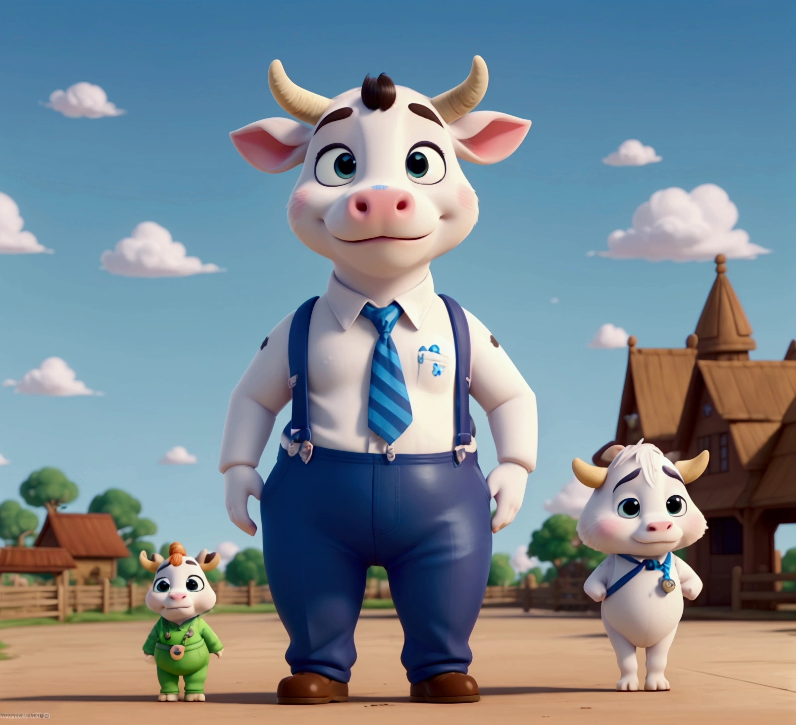A standing cow，White skin，Zootopia style，Cartoon animation character，Chubby body，Wear blue suspenders，Cute，cartoon design，personification，European and American cartoon game，best quality