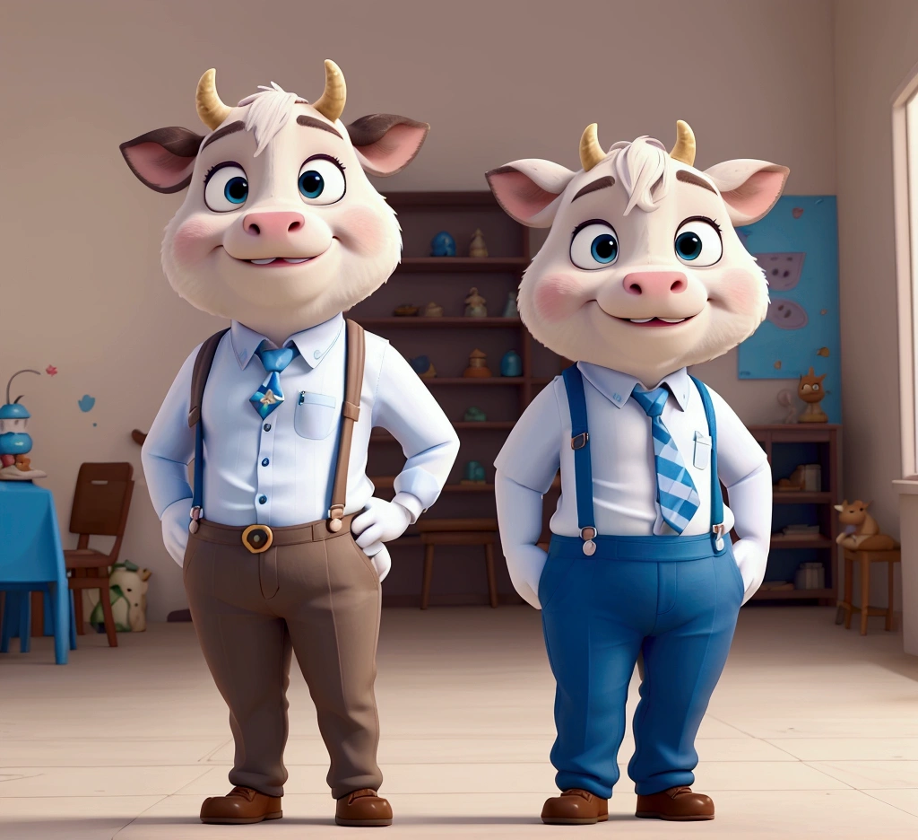 A standing cow,White skin,Zootopia style,Cartoon animation character,Chubby body,Wear blue suspenders,Cute,cartoon design,personification,European and American cartoon game,best quality