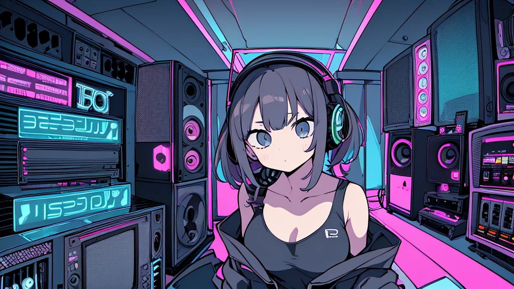 Best quality, (masterpiece), best detail face,1 girl, natural breasts, 18 yo, 8k,absurdres,unity 8k wall paper,(extremely detailed:1.3), highest realistic, (retro headphones:), (soft neon light:), (psychedelic), Her room full of music equipment and records, sports wear , See the whole room , dark grey color pallet
