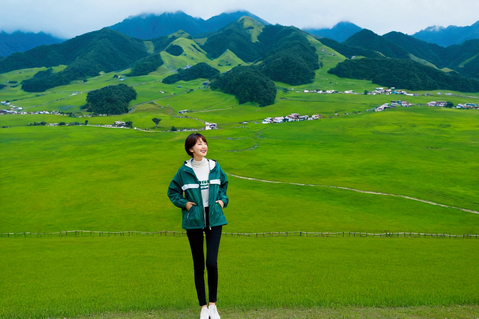high quality, 1 woman, ((36 years old 건강한 한국 여성)), ((36 years old)), 1 woman, The eyes are big and beautiful. ((slim)), ((short medium hair)), laugh. pose: standing, Luxury brand windbreaker jacket, background: 1 woman, California, pasture, Cow, grass, Full body shot with 16-34 wide angle lens, look up to the side, So that you can see the whole body