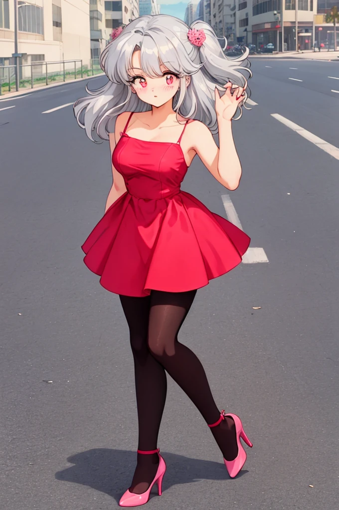 (masterpiece, Highest quality), One Girl, Red dress, pantyhose, Cute Face, blush,Pink Eyes，High heels，Silver Hair，Walking around the city