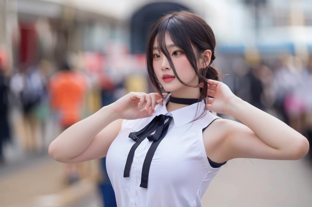 There&#39;s a woman with purple hair and a black tie., anime girl Cosplay, anime Cosplay, Cosplayer, Cosplay, ayaka Cosplay, Cosplay photo, professional Cosplay, Real life anime girls, akane owari danganronpa, Tear from Overlord, Anime characters, full-Cosplay, White and purple, juri misaki, female Anime characters