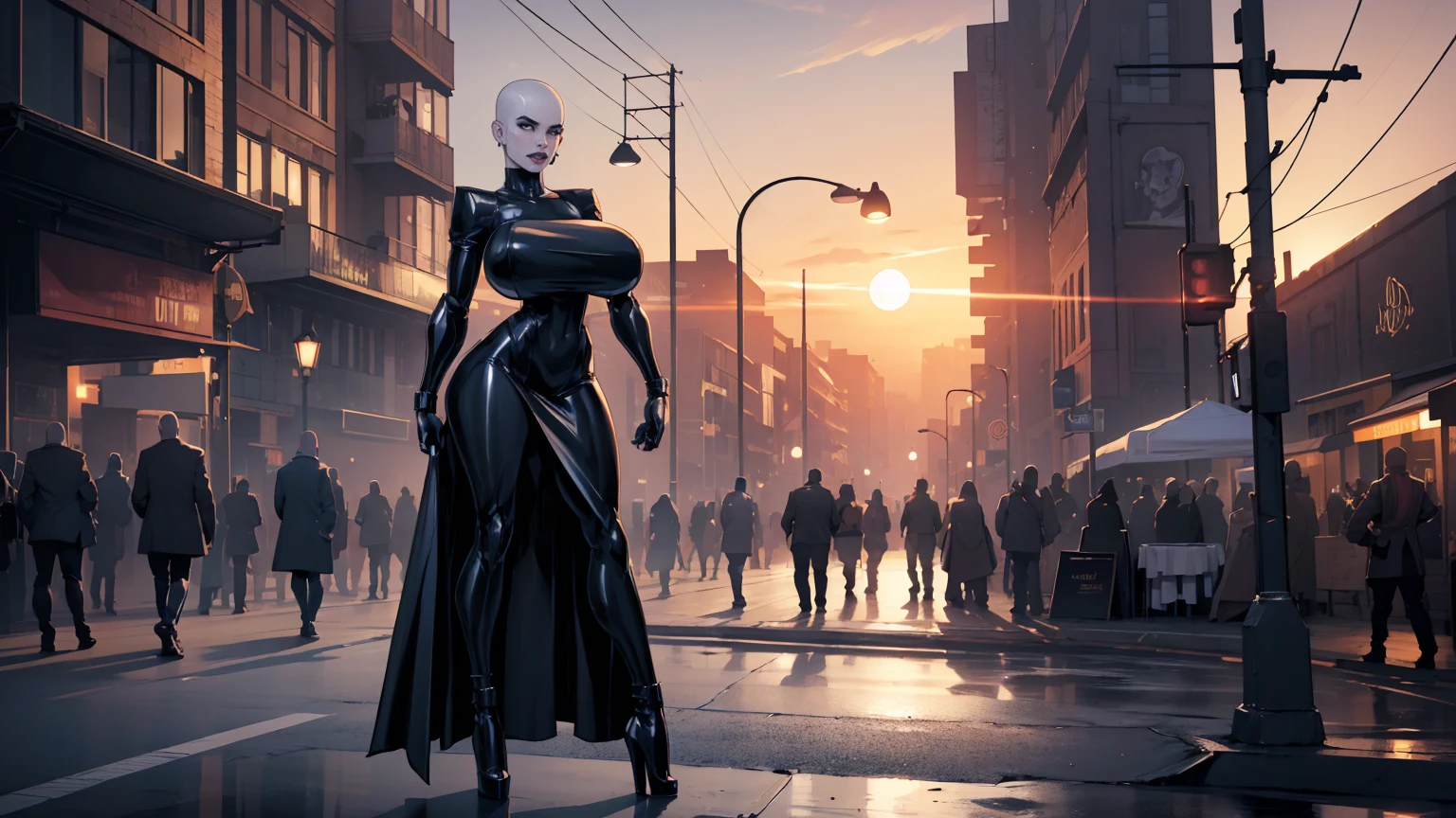 ((character design sheet)),((full body view)),1 Same Girl , Perfect Beautiful , ((bald head)) ,(chrome skin:1.1), (silver arms, silver face, silver legs) ((android woman)),( metallic android , Black Gothic Dress , Athletic Body , ((gigantic breasts:1.2)), Realistic Lighting , Night Street View , Dark Vibe , Crowd , Gothic Makeup , Gothic Tattoo , Posing Like a Model , Look at Viewer, cool lighting, blue street lamp light((sunset ambiance light:1.0))