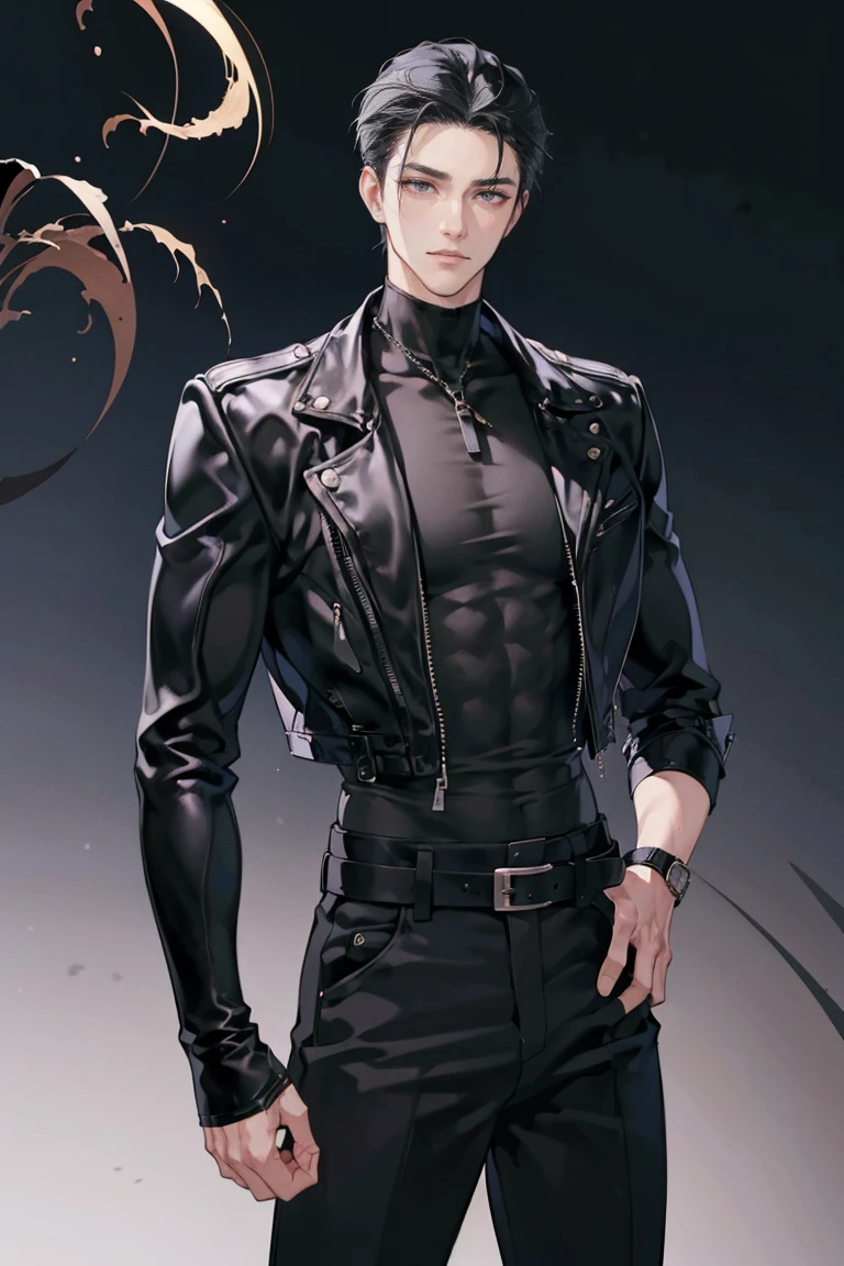 anime - (masterpiece), best quality, seductive eyes, mature face, black eyes, short slicked back black haircut, plain black t shirt, black leather jacket, black pants, tall man, long legs, masculine, broad shoulders, adult-like, full body, hands on hips, bad boy, black motorcycle