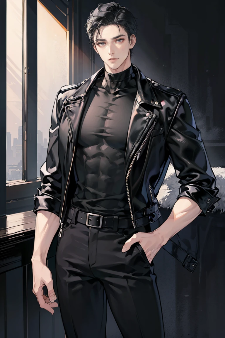 anime - (masterpiece), best quality, seductive eyes, mature face, black eyes, short slicked back black haircut, plain black t shirt, black leather jacket, black pants, tall man, long legs, masculine, broad shoulders, adult-like, full body, hands on hips, bad boy, black motorcycle